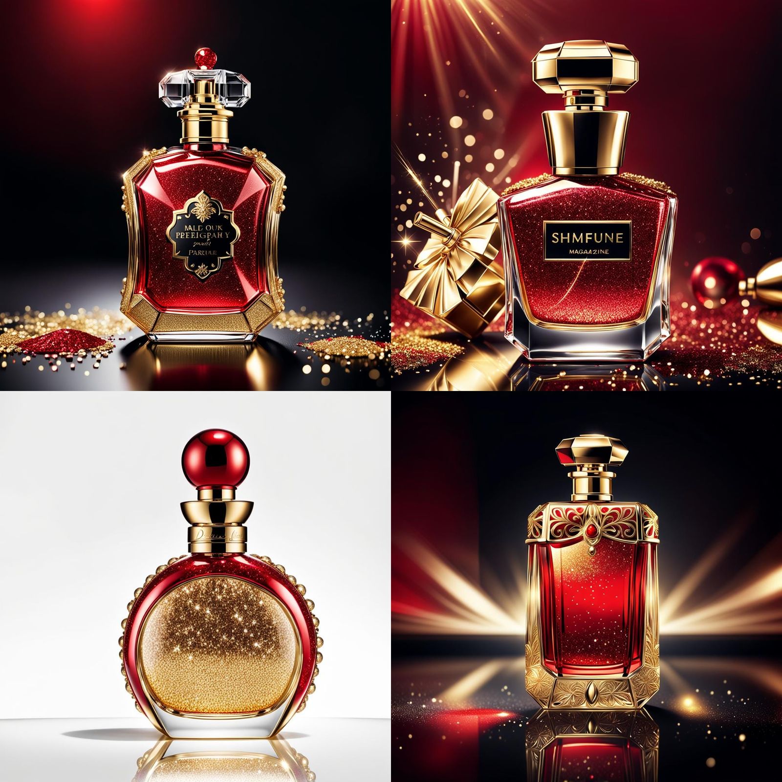 Chic Gold Perfume Bottle with Glittering Red Accents