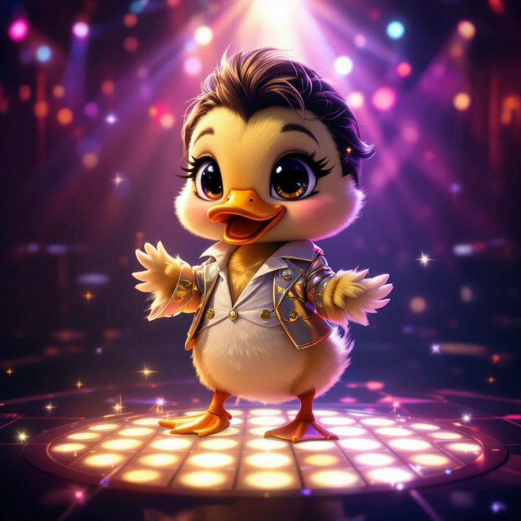 Chibi Duckling Disco Dancing in Hyperrealistic CGI Style