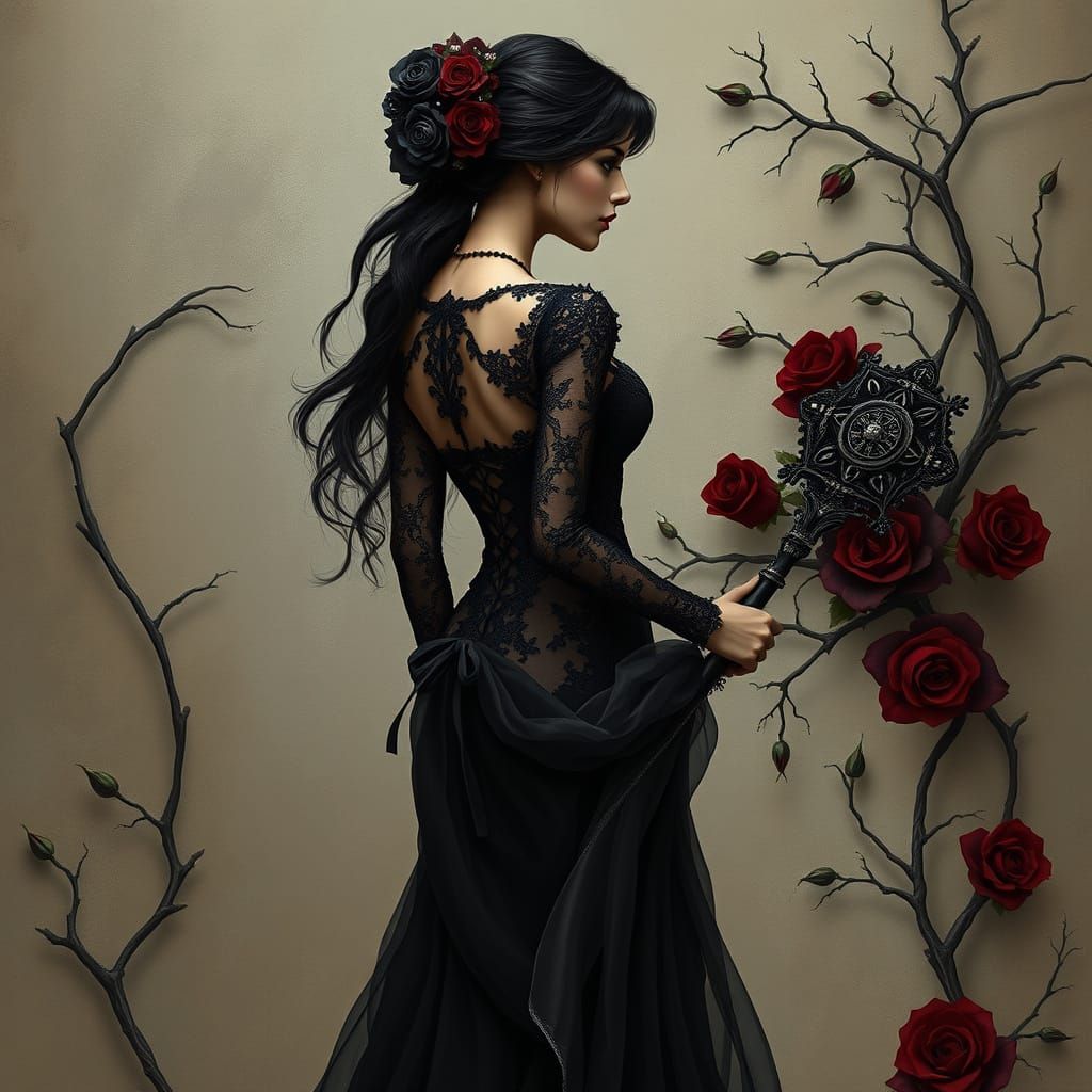 Gothic Dark Fantasy Lady Wields Magic Wand in Mysterious Att...