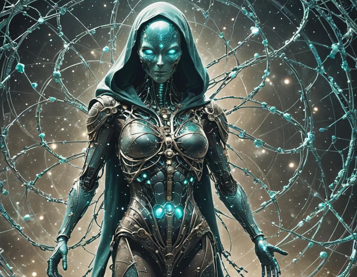 Celestial Faceless Figure in Teal Hood with Gemstones