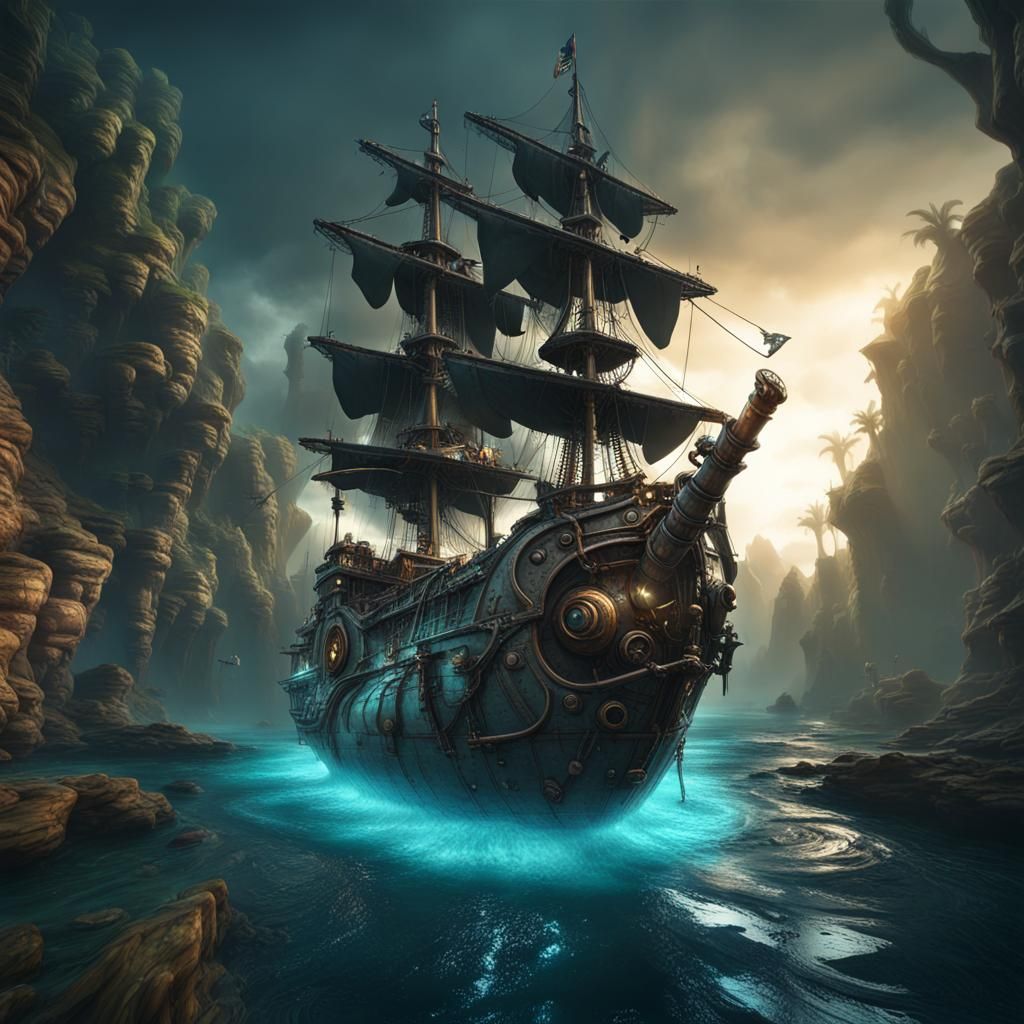 Glasspunk Submersible Pirate Ship in Dark Fantasy Style