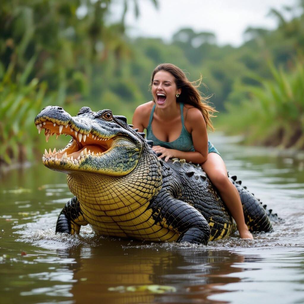Crocodile Ride: Woman Screaming on Swamp Predator