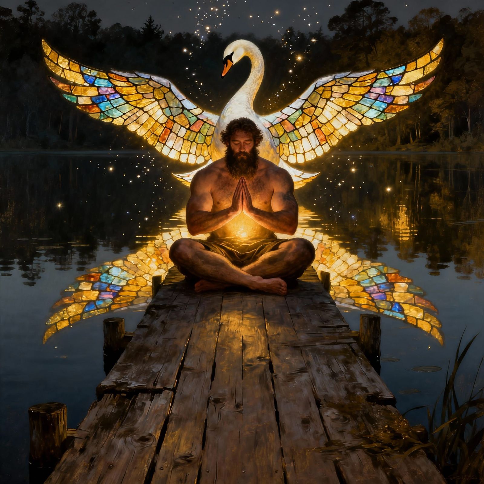 Man and Radiant Swan on a Dock at Night