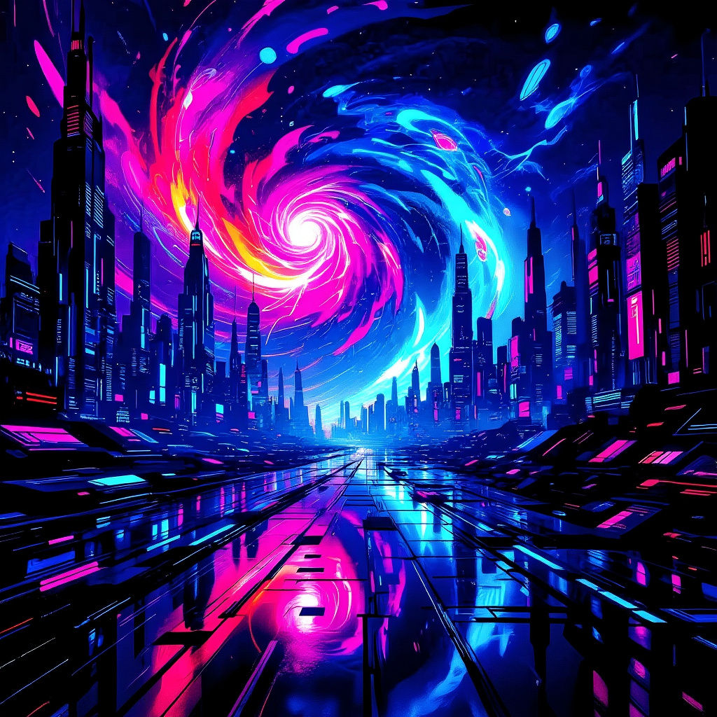 Vibrant Neon Sci-Fi Cityscape in Abstract Alien World