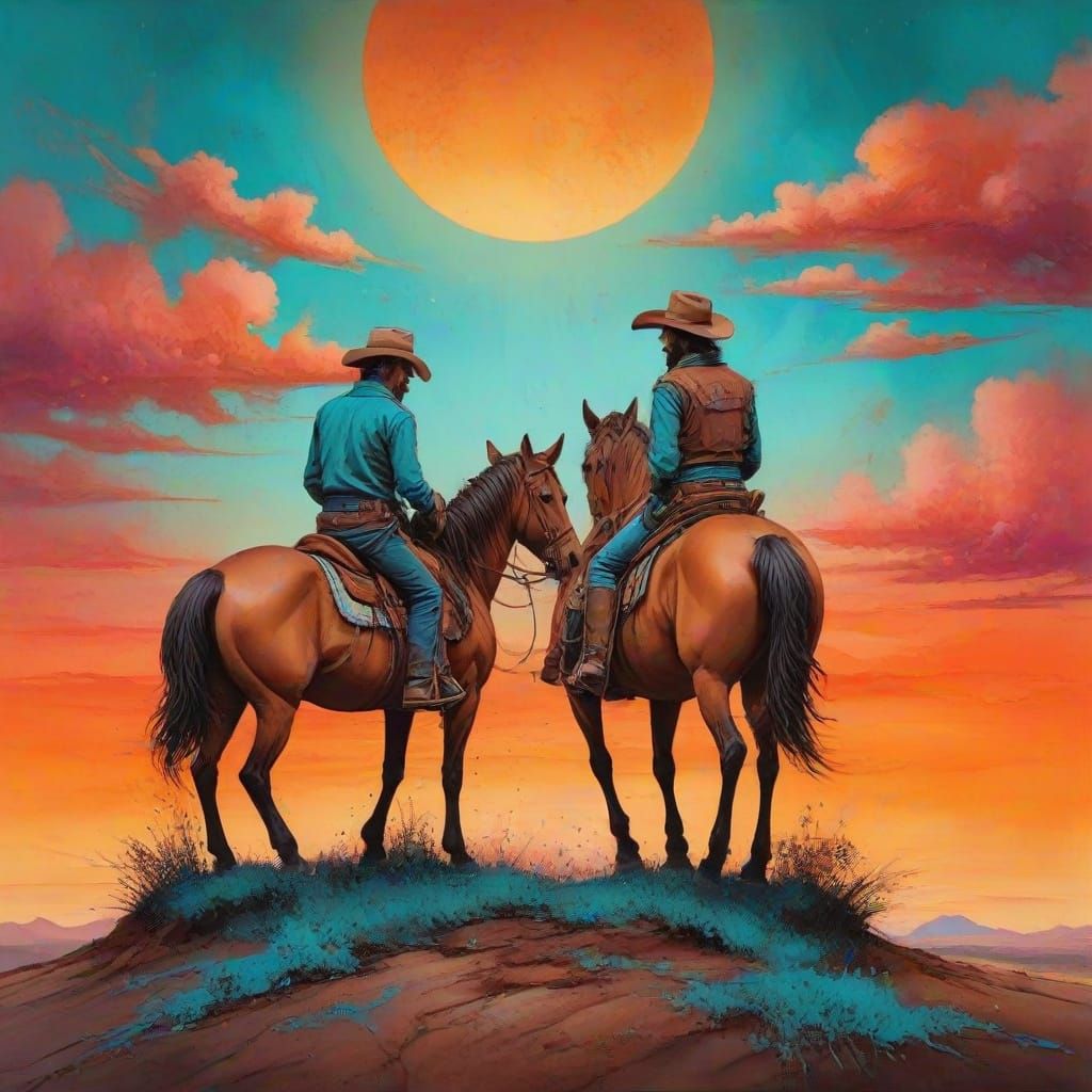 Dawn Cowboys and Horses in Alcohol Ink Style