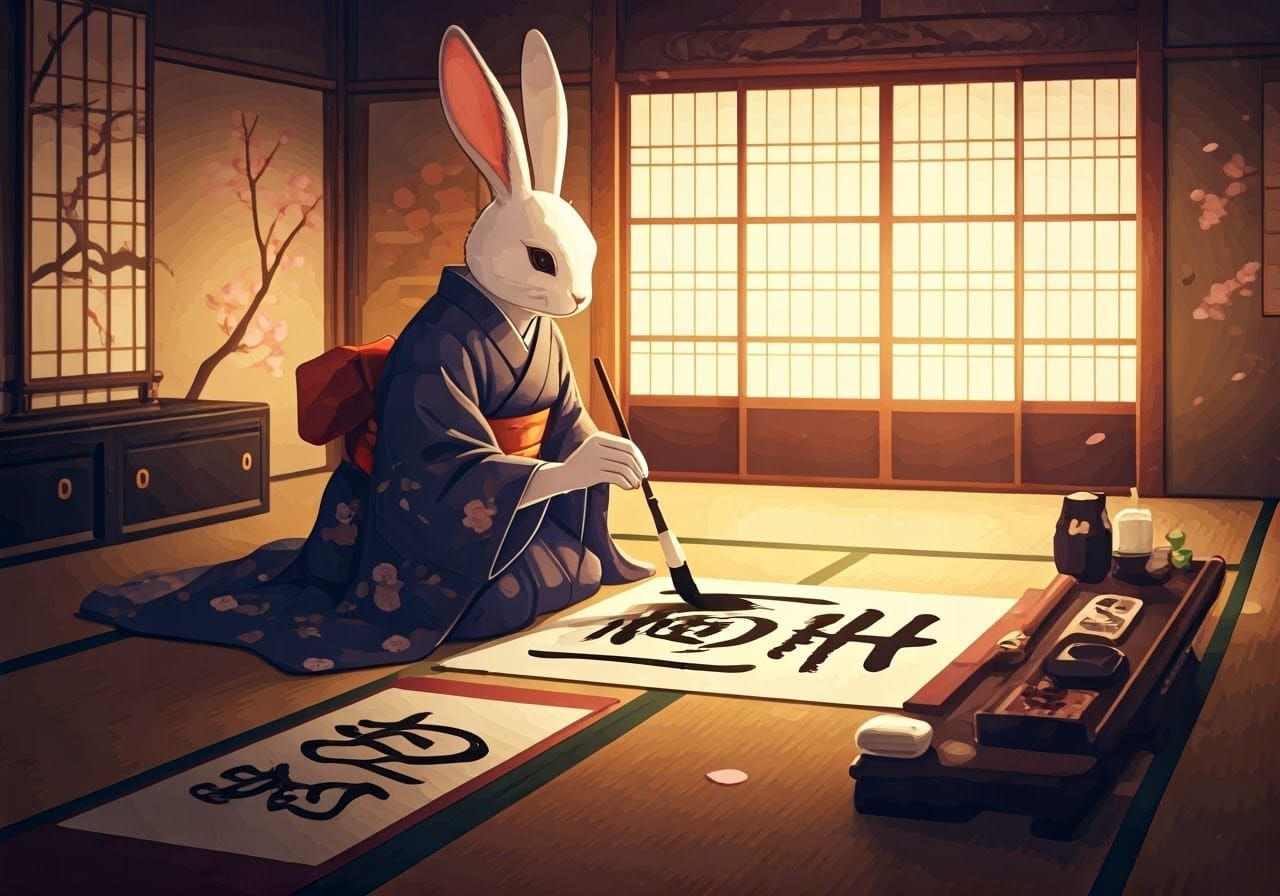 Rabbit Calligraphy in Manga Anime Style