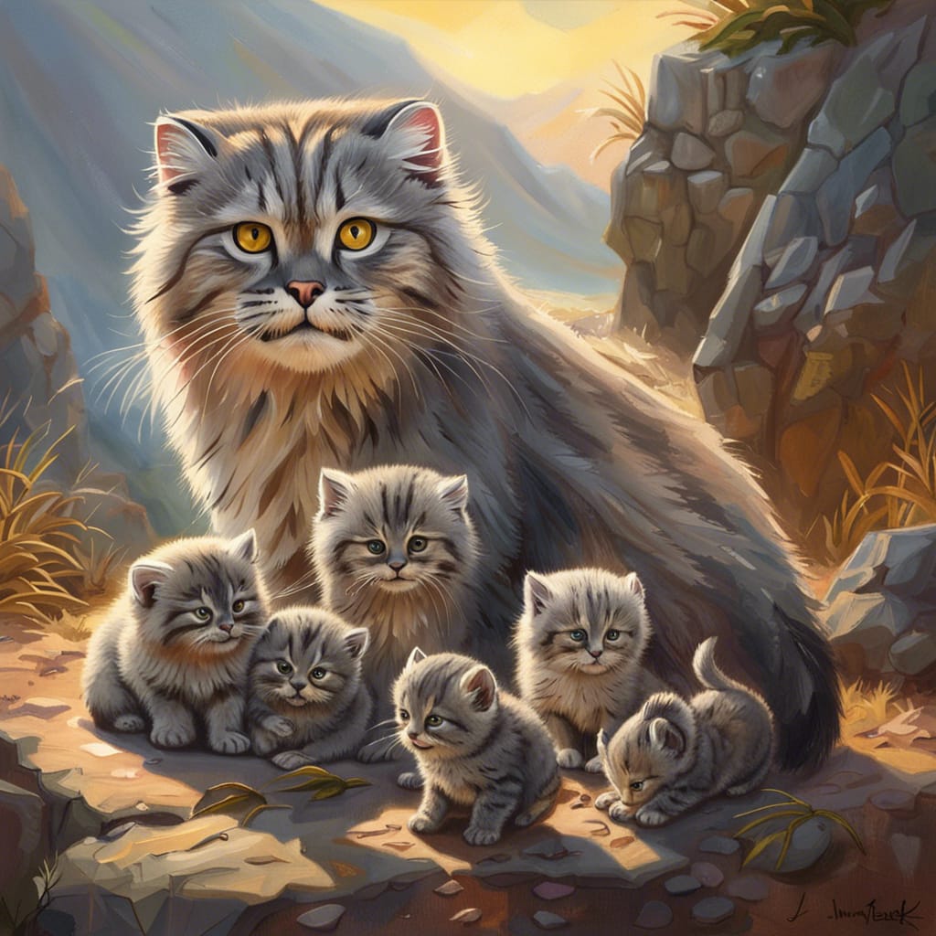 Pallas's Cat with Kittens (Otocolobus manul)