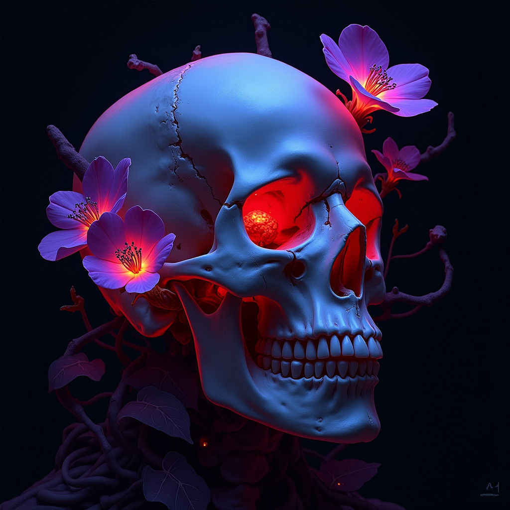 Bioluminescent Nightshade Skull Portrait in Crimson and Purp...