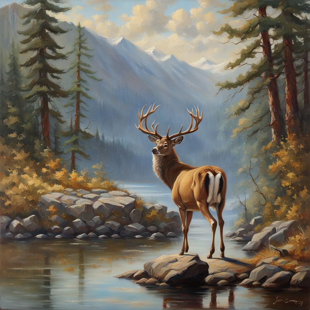 Majestic Deer Roaring on Lakeside Rock in Oil
