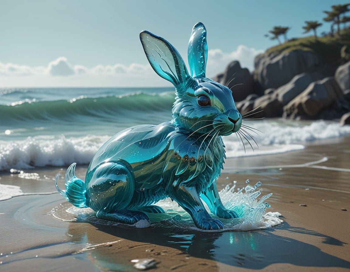 Whimsical Water Rabbit Dances in Ocean Shallows