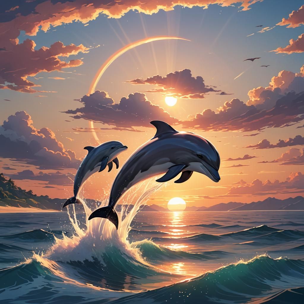 Graceful Dolphin Leaping at Sunset: Anime-Inspired Art