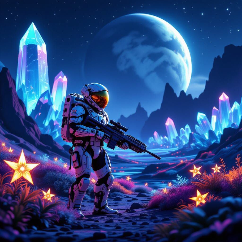 Astronaut in Futuristic Exosuit on Alien Planet