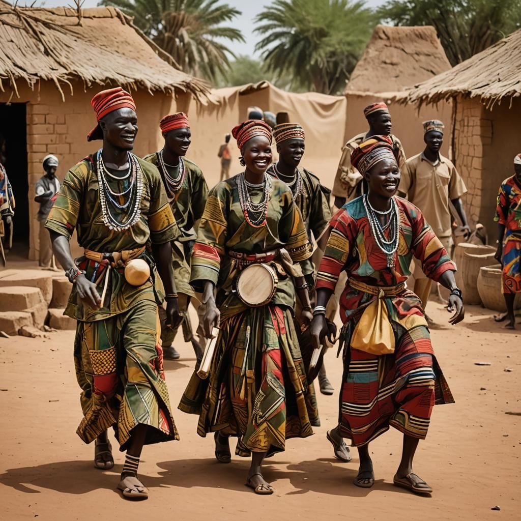 Malian Village Scene with Dancers in Cubic Design