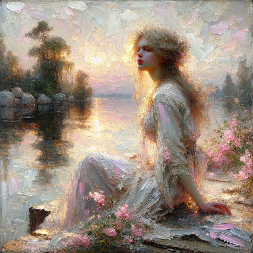 Romantic Oil Painting of a Woman by a Lake in the Early 20th...