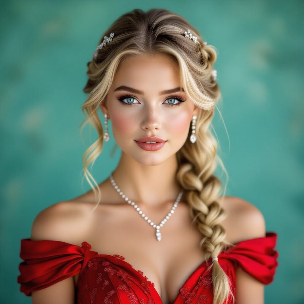 Woman in Red Gown at Ball, Photorealistic Style