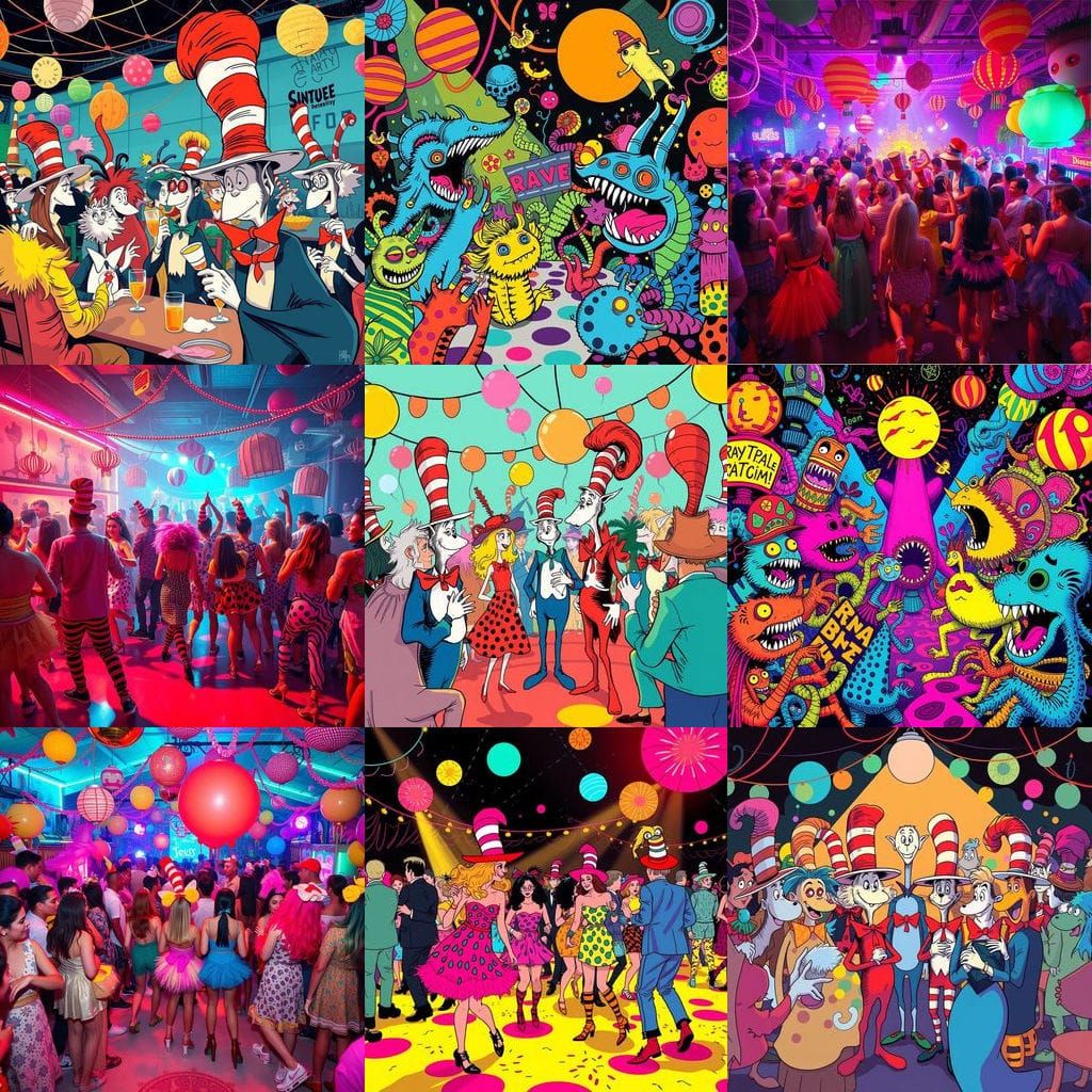 Whimsical Rave Scene in Dr Seuss Style