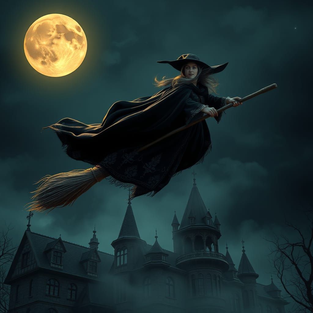 Mystical Witch Soaring Over Haunted Mansion at Night
