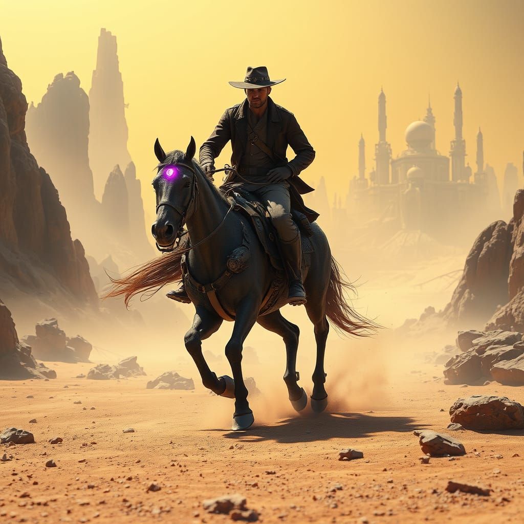 Cyberpunk Pony Express Rider in Alien Landscape