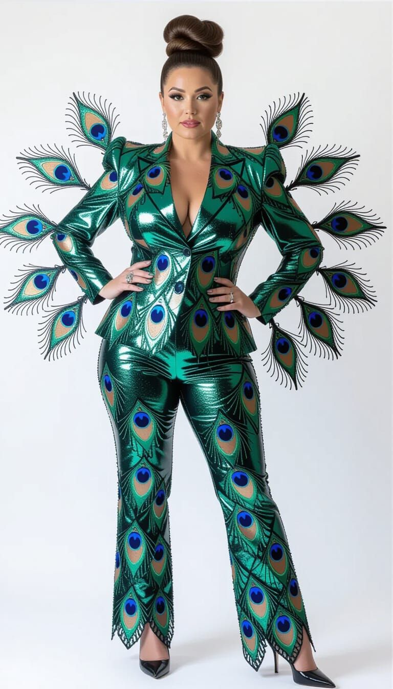 Whimsical Peacock Suit Lady on White Background