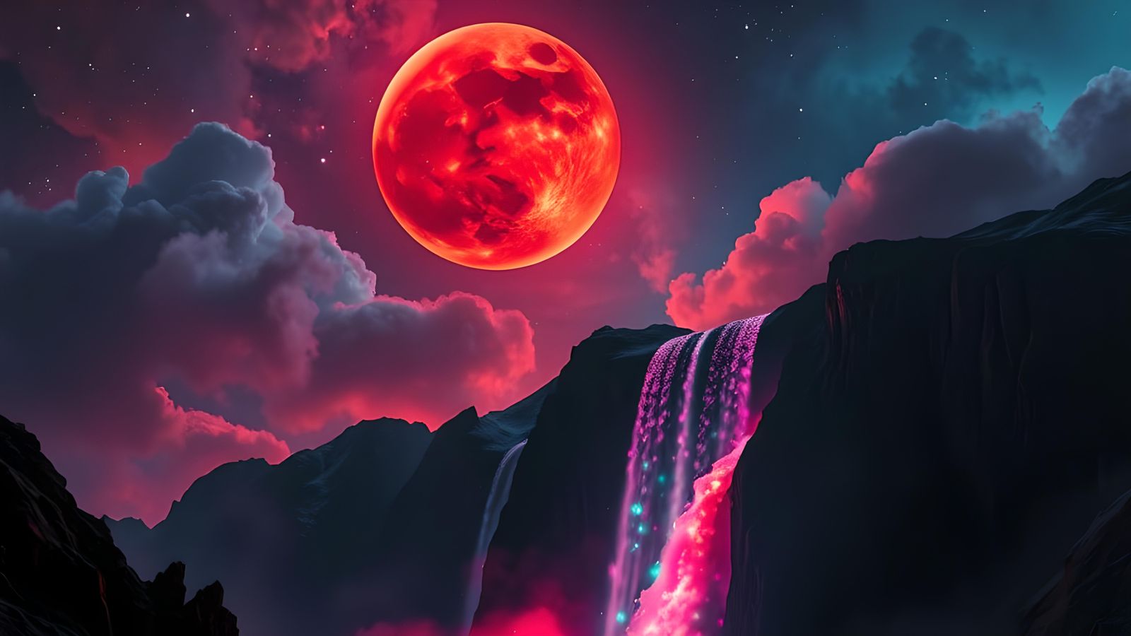 Fractured Blood Moon with Nebula Waterfall