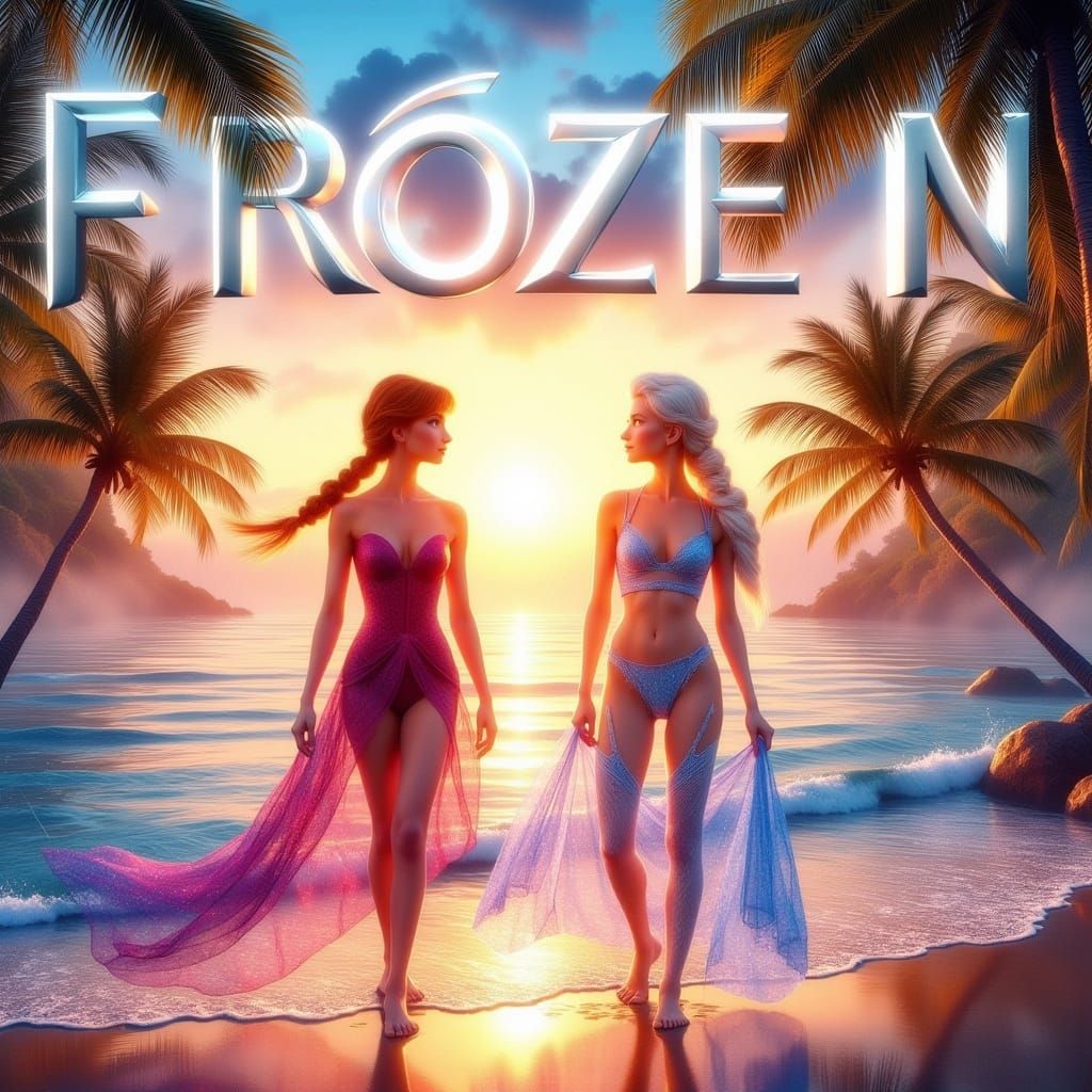 Frozen Movie Poster: Anna & Elsa on Tropical Beach