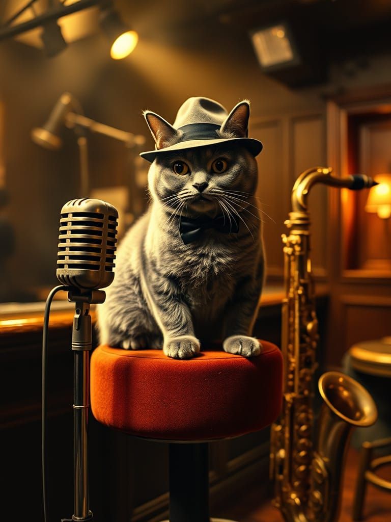 Dignified Cat Jazz Singer in 1940s Club