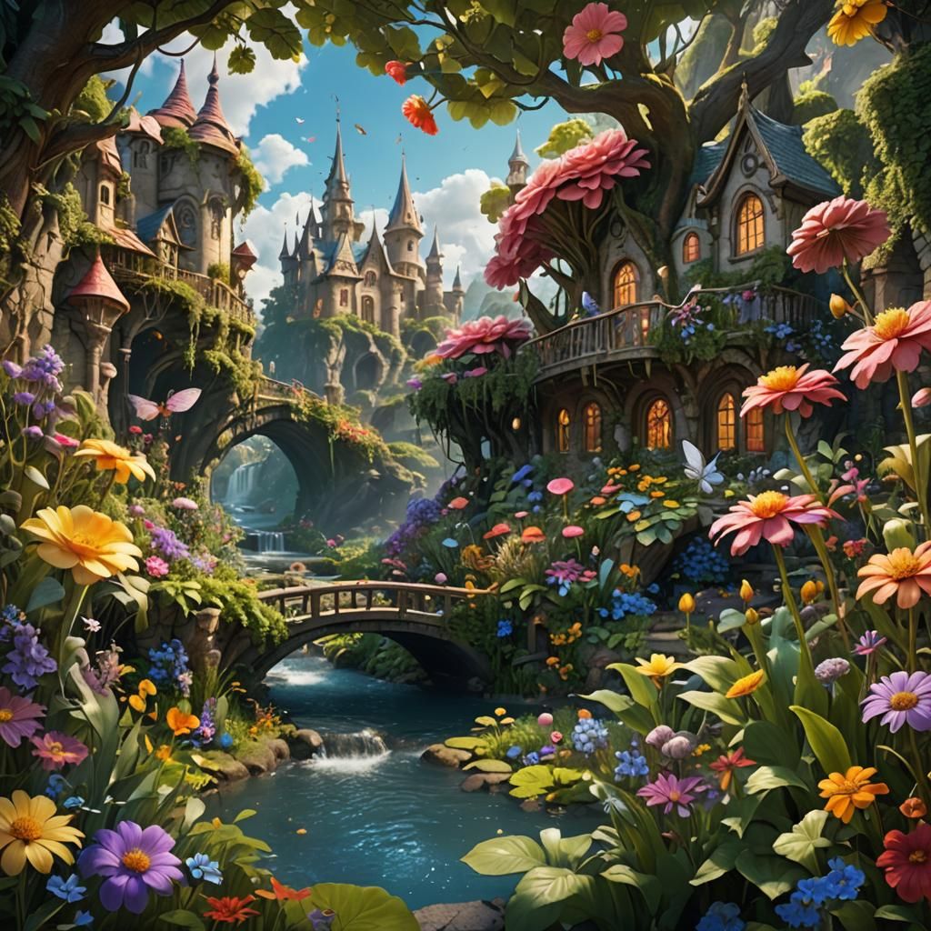 Enchanted Garden with Giant Flowers and Fairies
