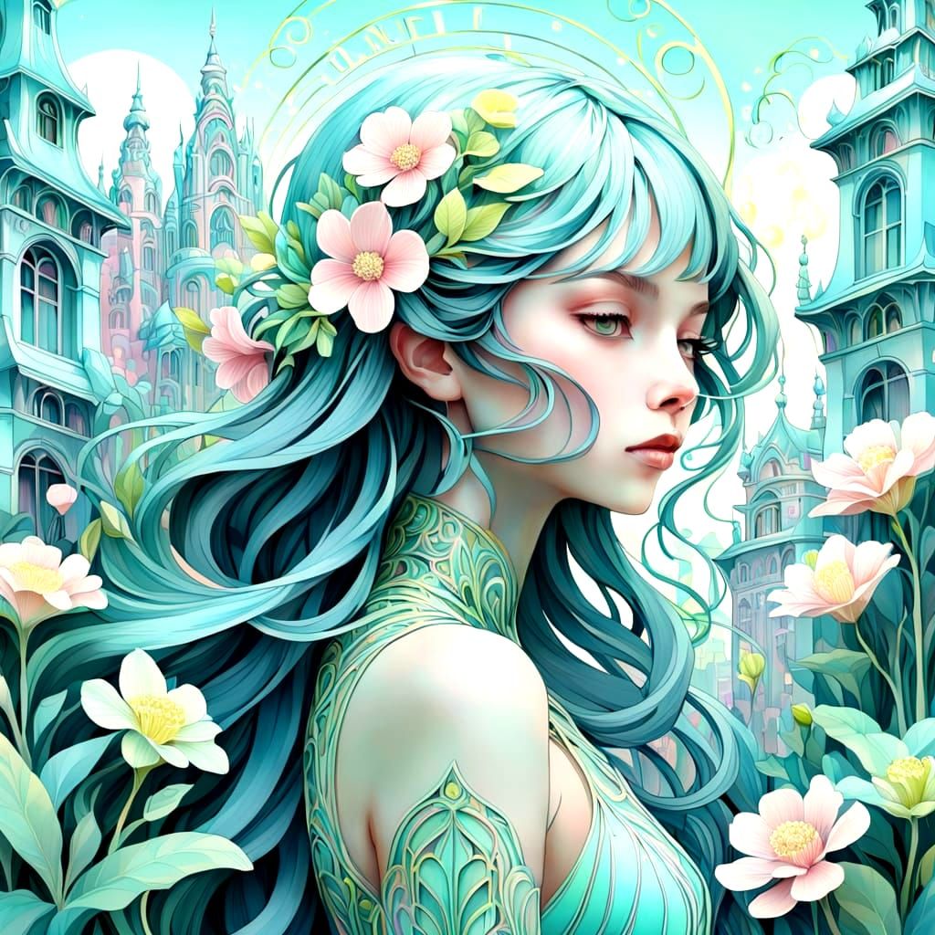 Women in Whimsical Floral Art Nouveau Settings