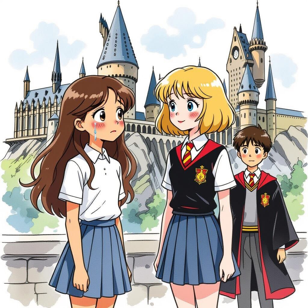 Girls Comforting Each Other: Watercolor Illustration