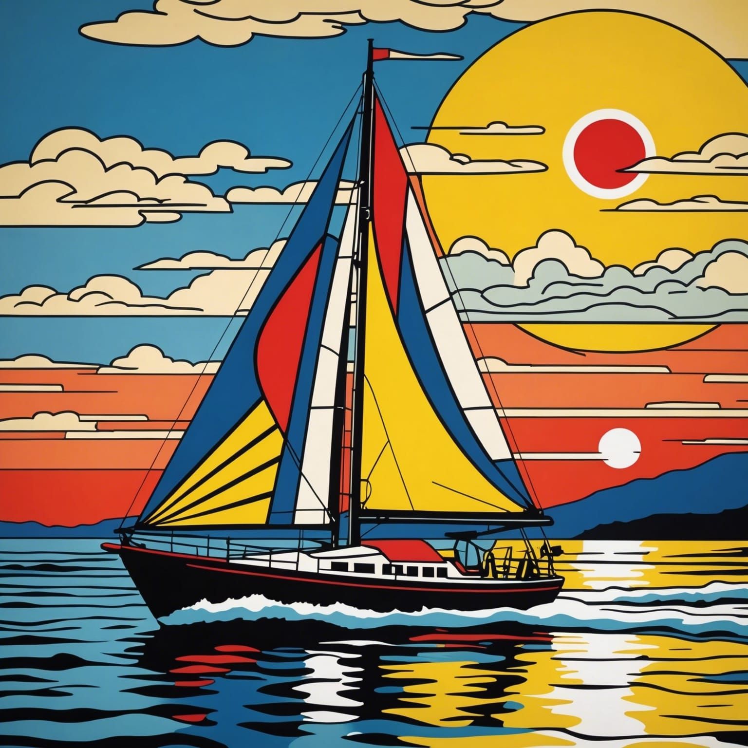 Pop Art Sailboat Sunset in Lichtenstein Style