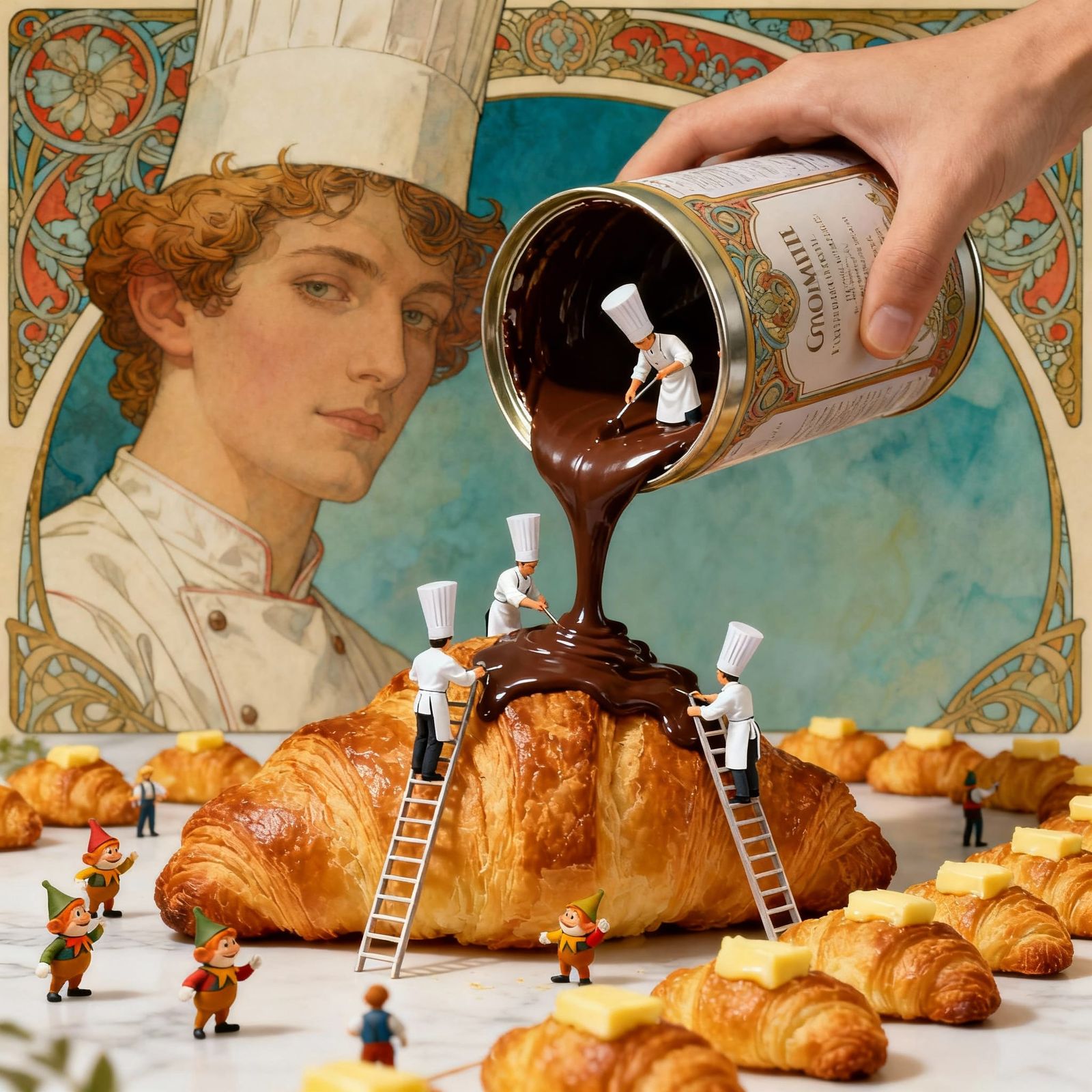 Miniature Chefs Decorate Croissants with Chocolate