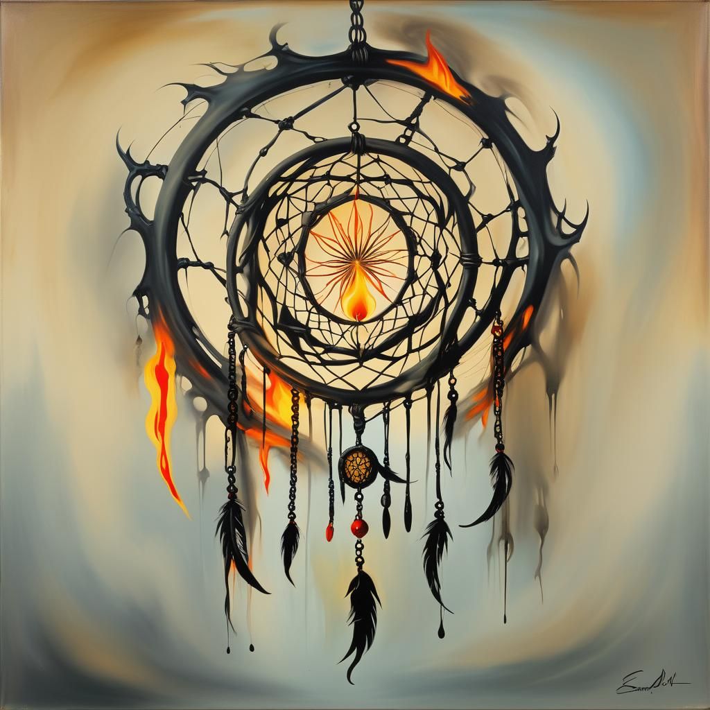 Surreal Dream Catcher Ablaze: A Dali-esque Vision