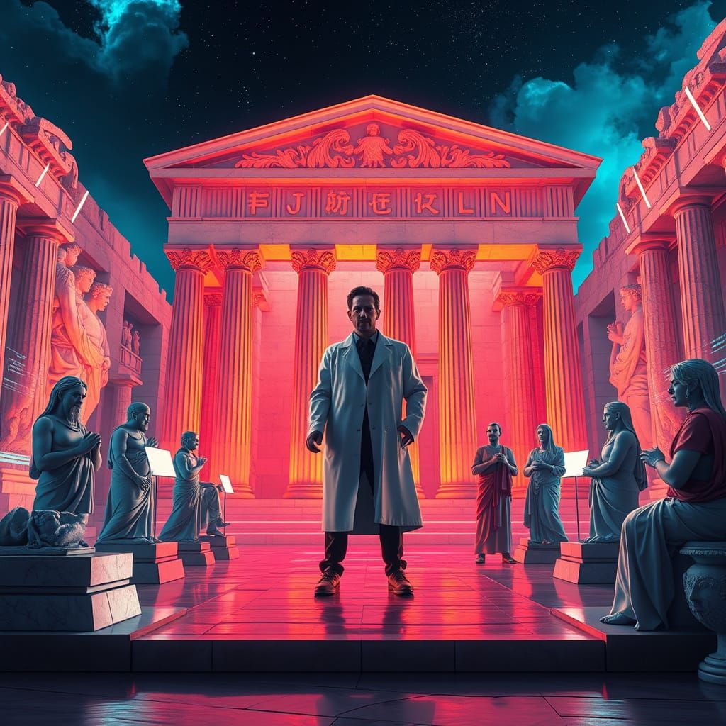 Ancient Greek Temple Meets Cyberpunk, Alphonse Mucha Style