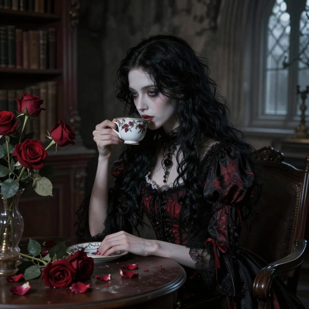 Gothic Woman Sips Coffee in Decaying Library