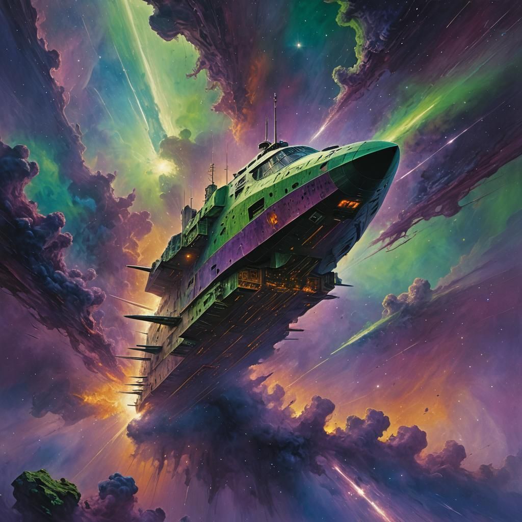 Colossal Spaceship Sails Through Nebula: Surreal Concept Art