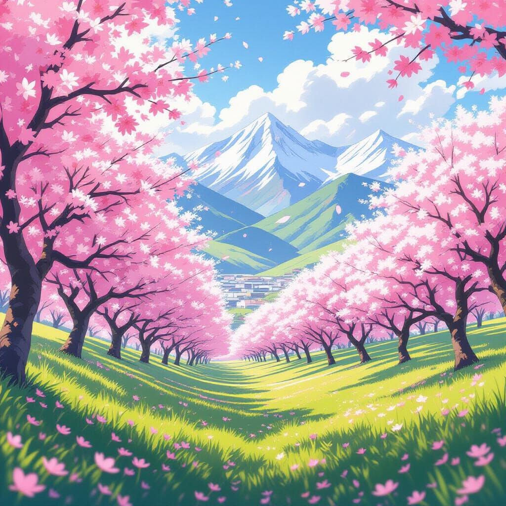 Cherry Blossom Orchard Panorama in Studio Ghibli Style