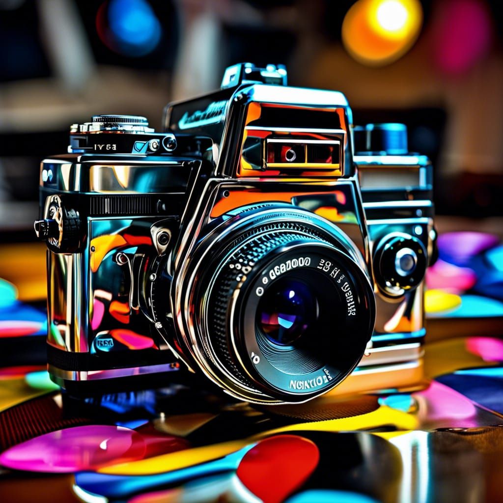 Monochromatic 80s Camera on Table, Minimalist Style