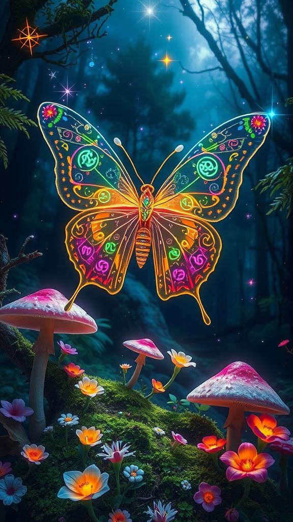 Luminescent Butterfly with Runes in Cosmic Astral Illustrati...