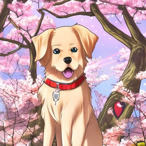 Golden Retriever in Anime Cherry Blossom Forest