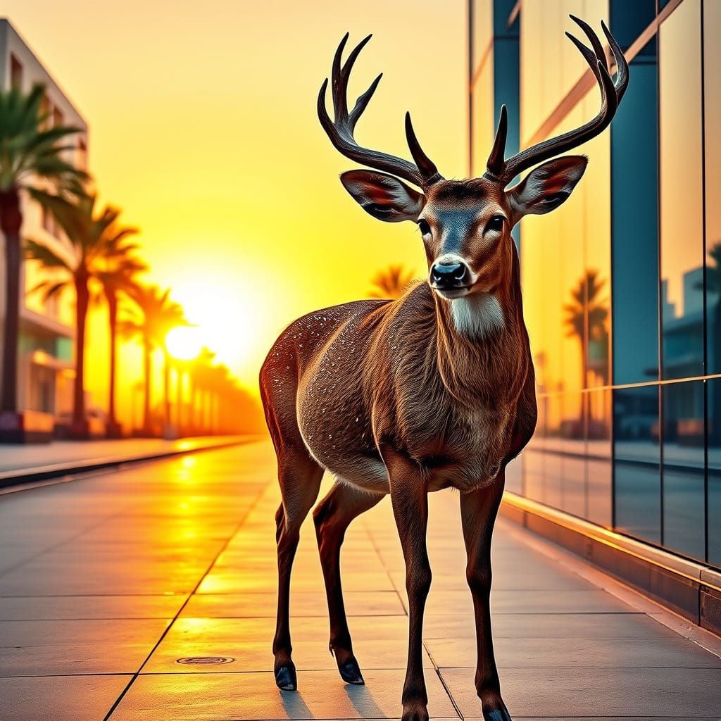 Majestic Deer in Cyberpunk Sunrise