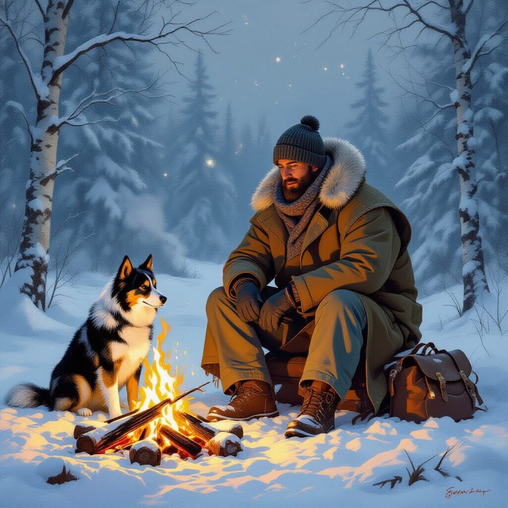 Man and Dog by Campfire in Golden Light