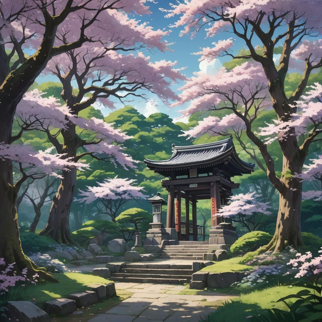 Serene Japanese Shrine in Anime Style