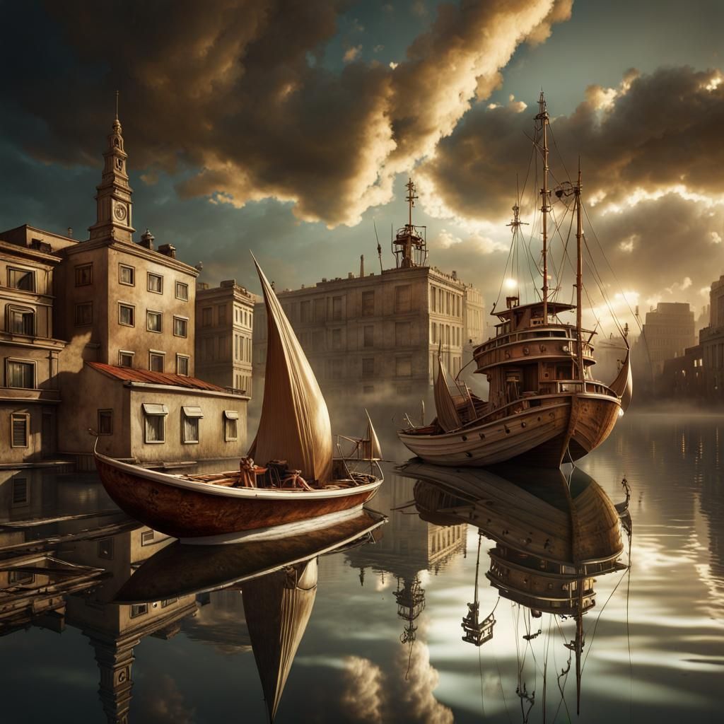 Magical Boats Sail Through a Dreamy City