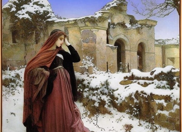 Tragic Woman in Snowy Ruins: Art Nouveau Portrait