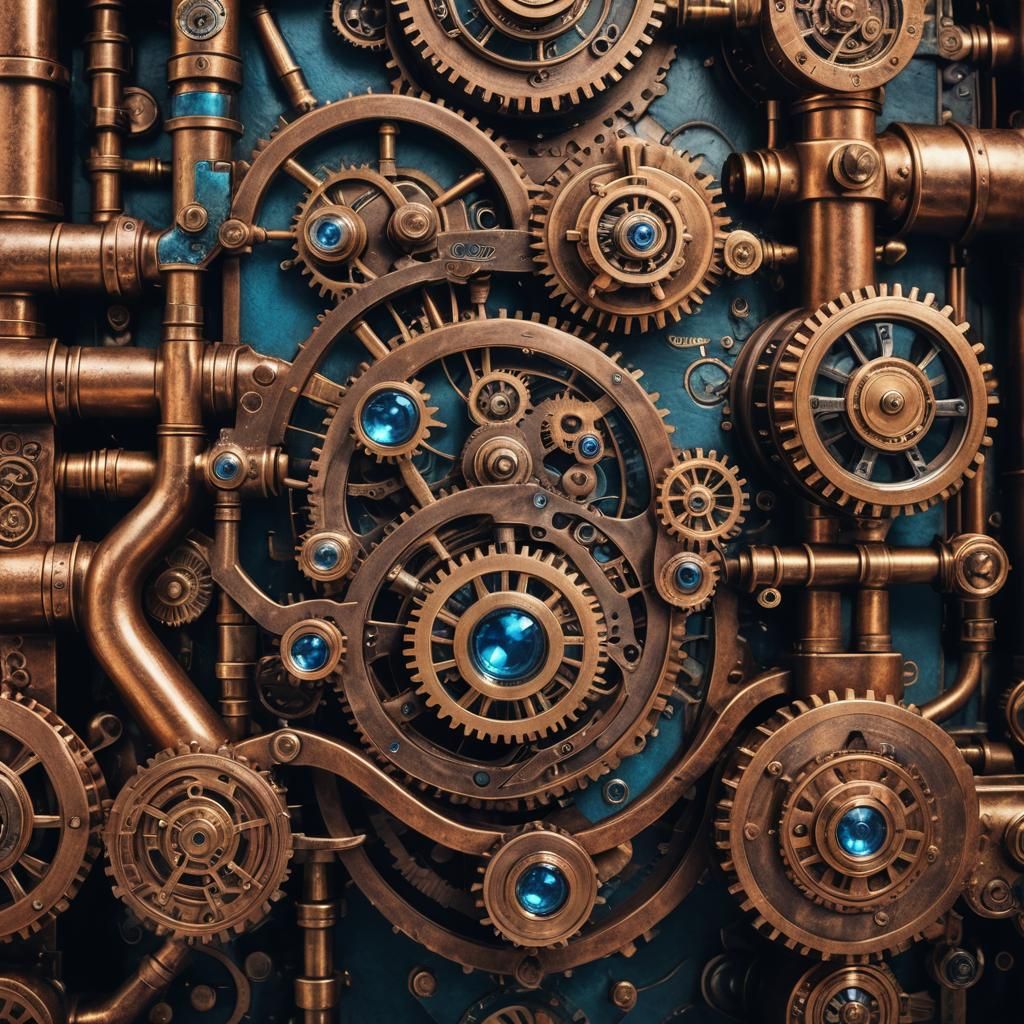 Steampunk Engine Close-Up with Copper and Gemstones