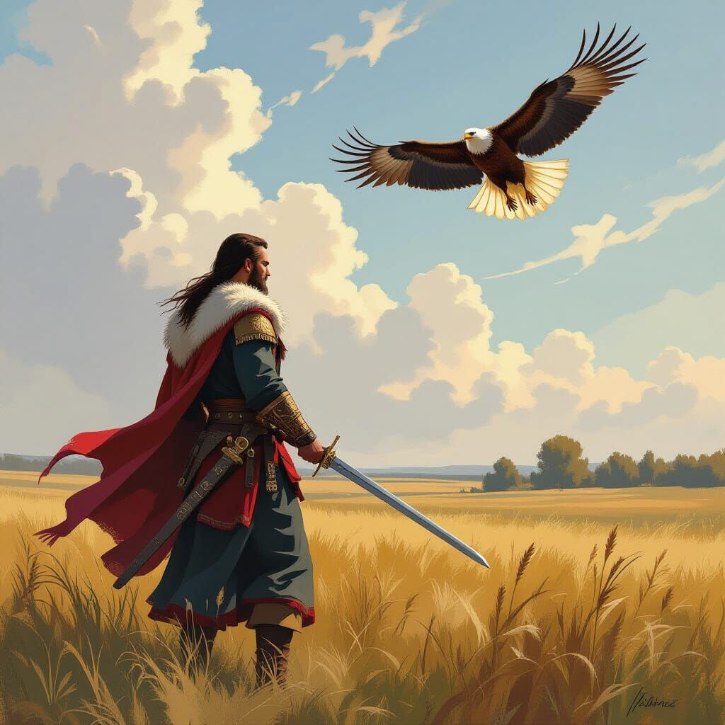 Cossack Warrior in Field with Eagle Soaring
