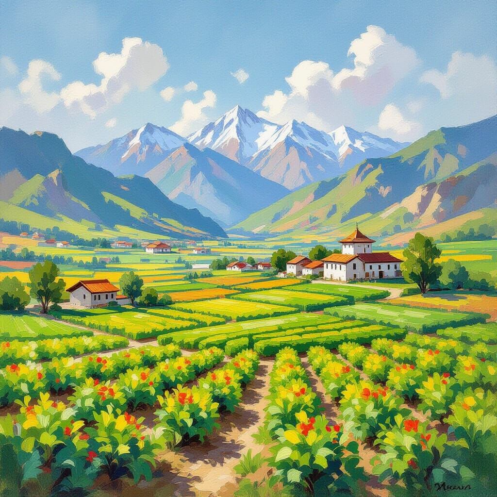 Lush Fergana Valley in Impressionist Gouache Style
