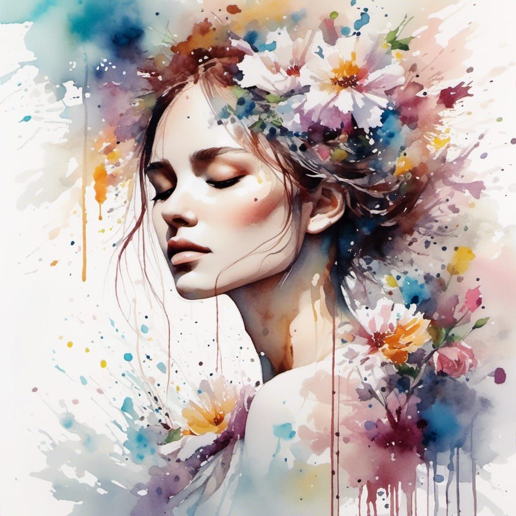 Woman in White Dress: Watercolor Pastel Fantasy