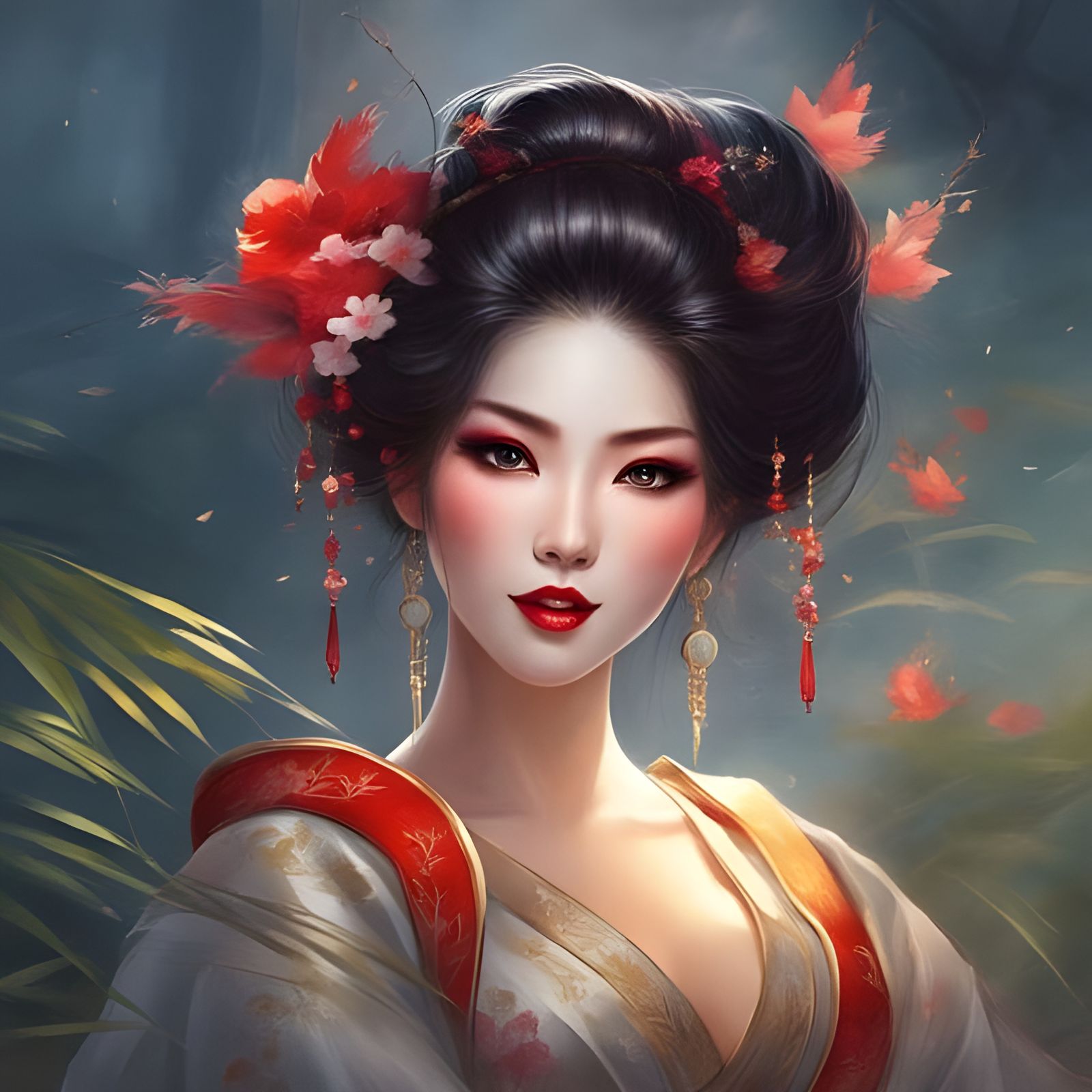 Elegant Geisha with Dark Hair and Red Lips