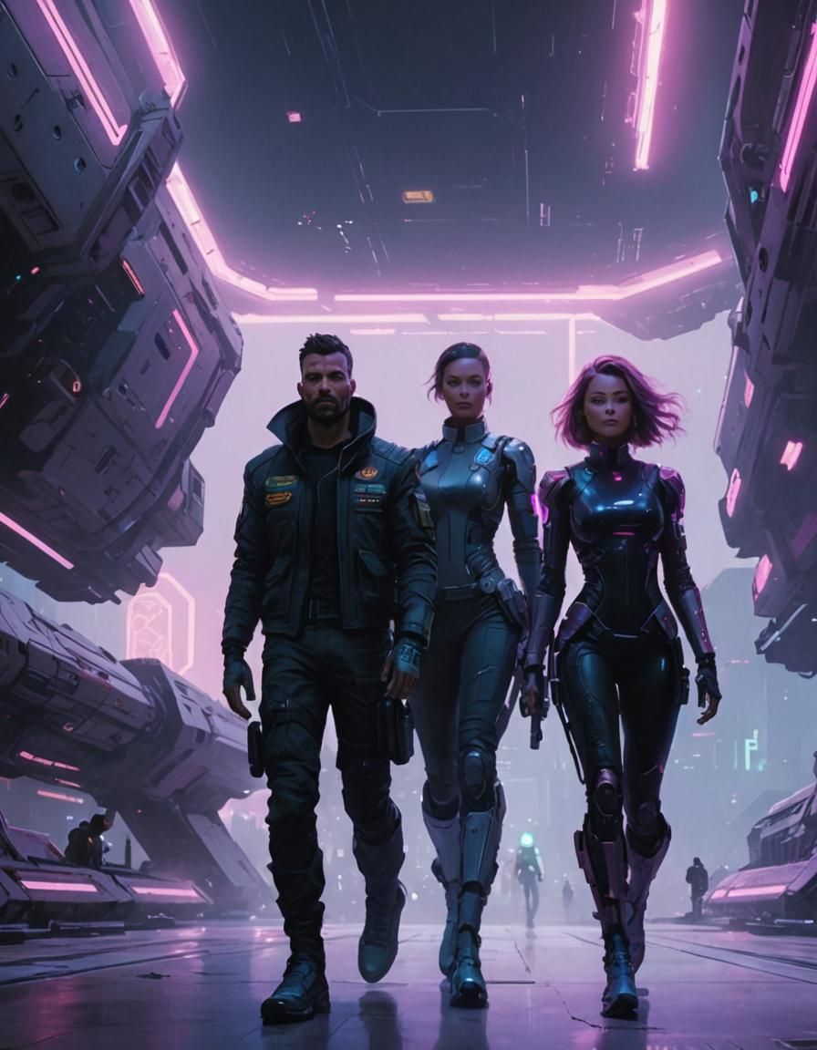 Cyberpunk Astronauts Approach Neon Spaceship